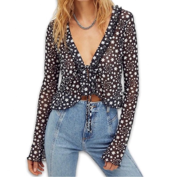 Free People Marne Mesh Sheer Black & White Star Print Cropped Wrap Top Sz M NWT - Picture 1 of 15